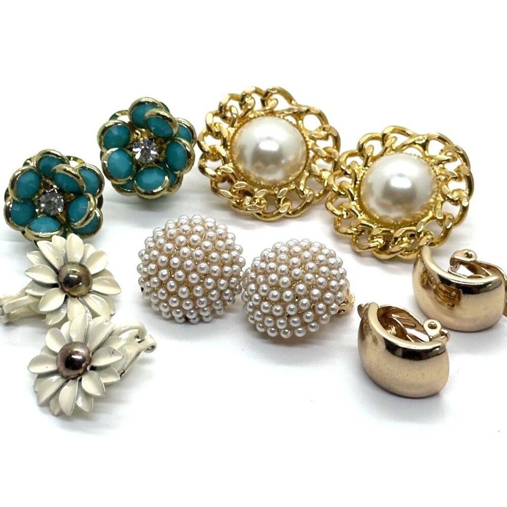 Vintage Gold Tone Earring Lot Faux Pearls Enamel Flower Clip Ons